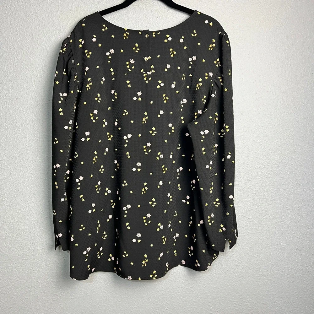 LOFT Black Floral Print Long‎ Sleeve Scoop Neck Top Waffleknit Plus Size XXL